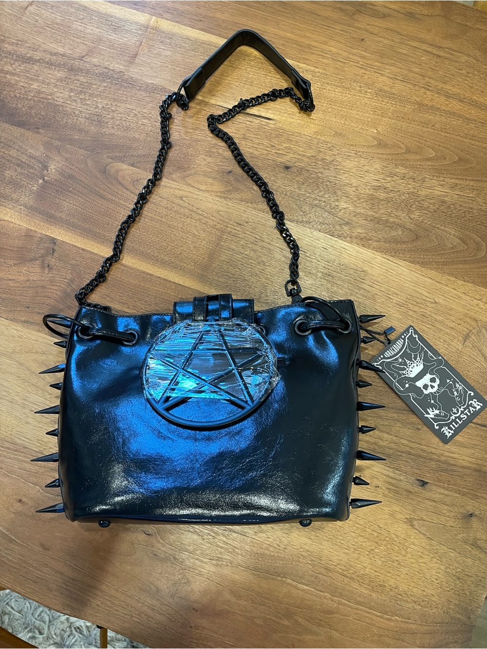 Killstar Black Patent Spike Shoulder Bag with Pentagram Emblem
